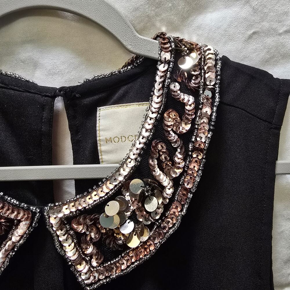 Modcloth black chiffon knee length sleeveless dress gold sequin beaded collar XL - Picture 6 of 13